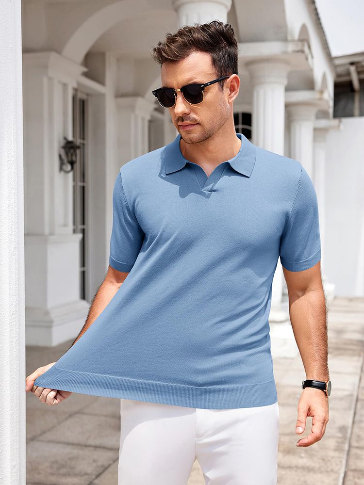Men's V Neck Short Sleeve Stretch Silk Knit Polo Shirt Men's V Neck Short Sleeve Stretch Silk Knit Polo Shirt