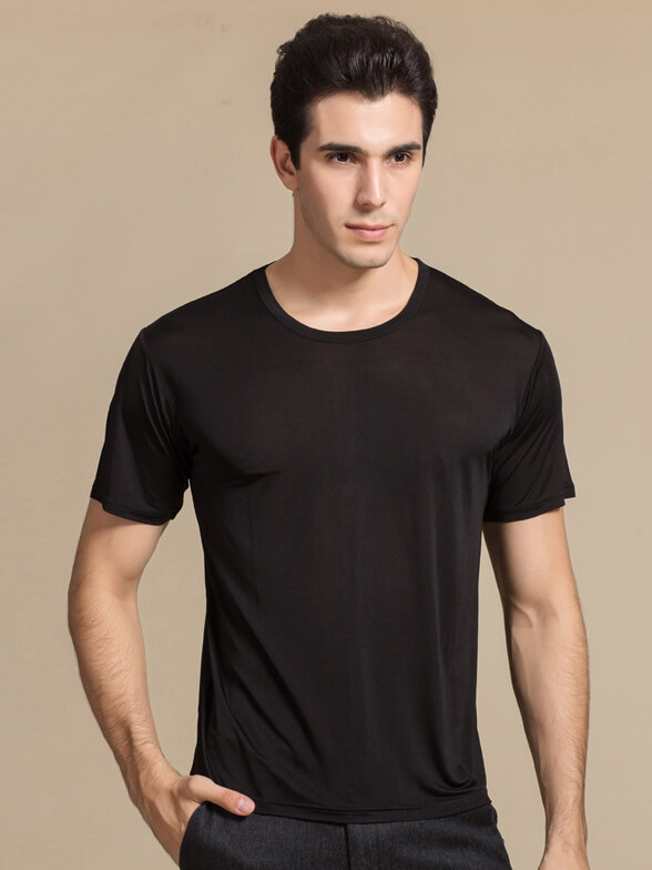 Mens Pure Mulberry Silk Knitted Round Neck T-shirts