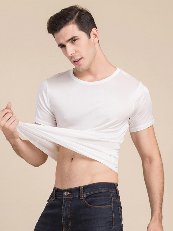 Mens Pure Mulberry Silk Knitted Round Neck T-shirts