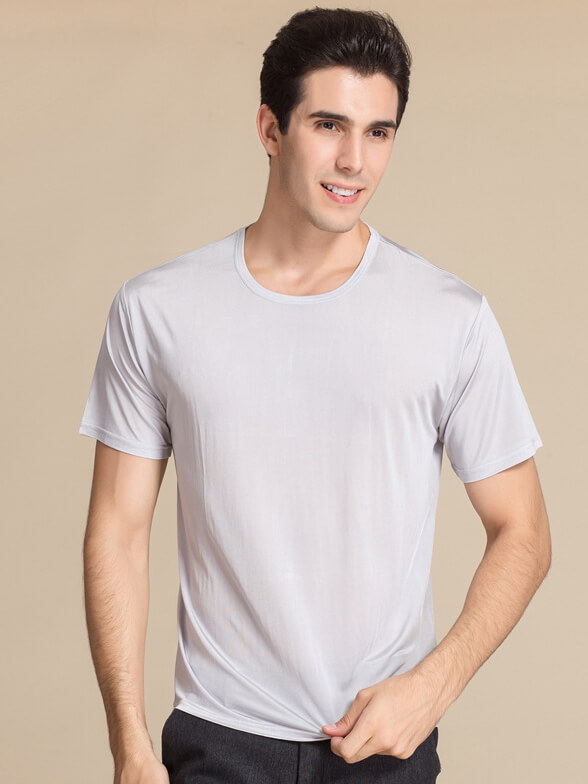 Mens Pure Mulberry Silk Knitted Round Neck T-shirts