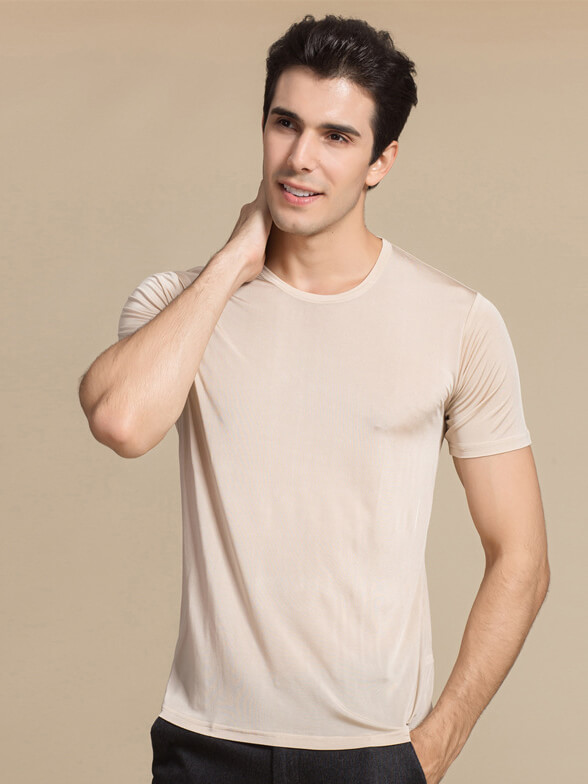 Mens Pure Mulberry Silk Knitted Round Neck T-shirts