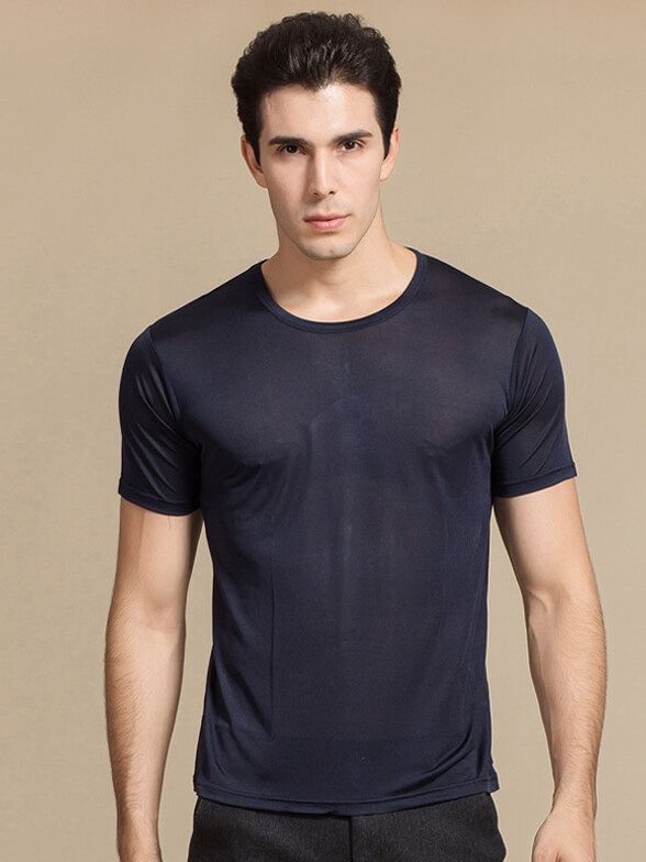 Mens Pure Mulberry Silk Knitted Round Neck T-shirts