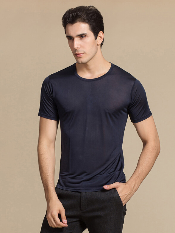 Mens Pure Mulberry Silk Knitted Round Neck T-shirts