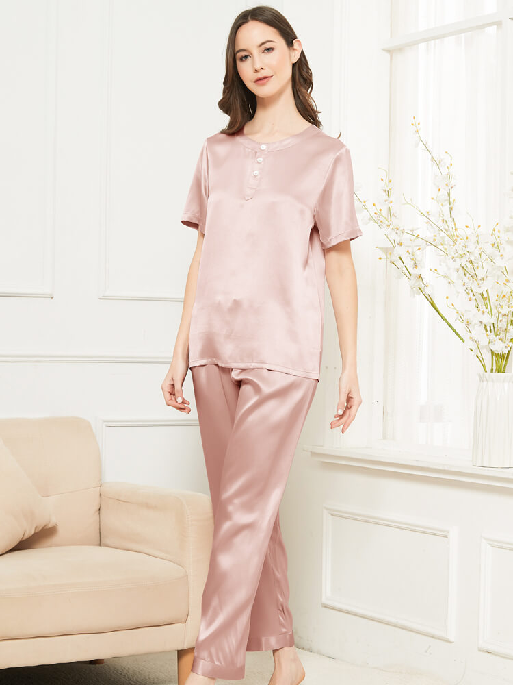 19 Momme Comfortable Round Neck Silk Pajama Set for Women
