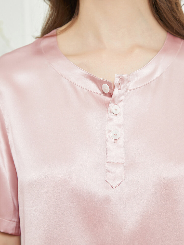 19 Momme Button Up Round Neck Silk Pajama Set for Women