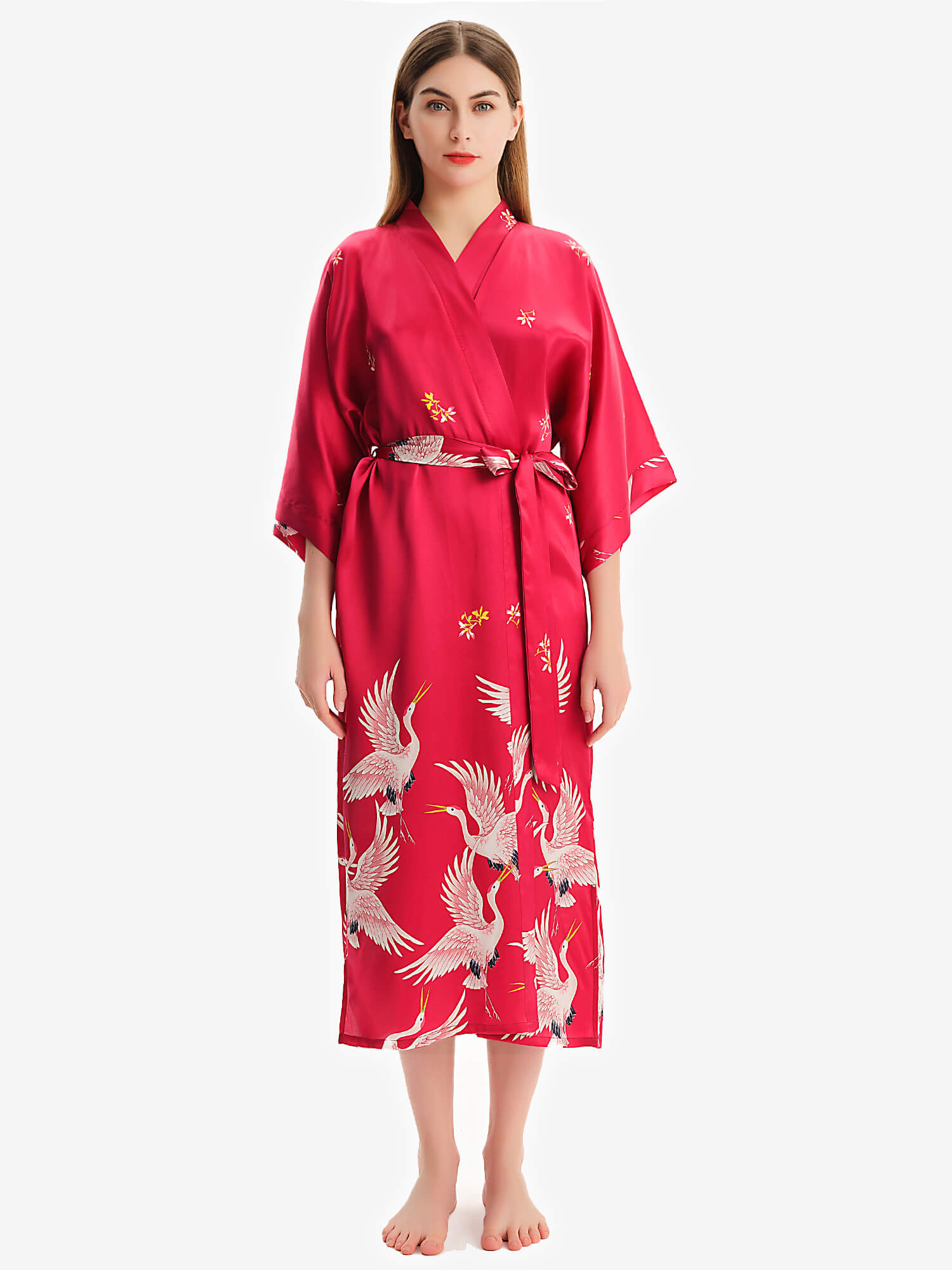 Claret Crane Printed Womens Long Mulberry Silk Kimono Robe