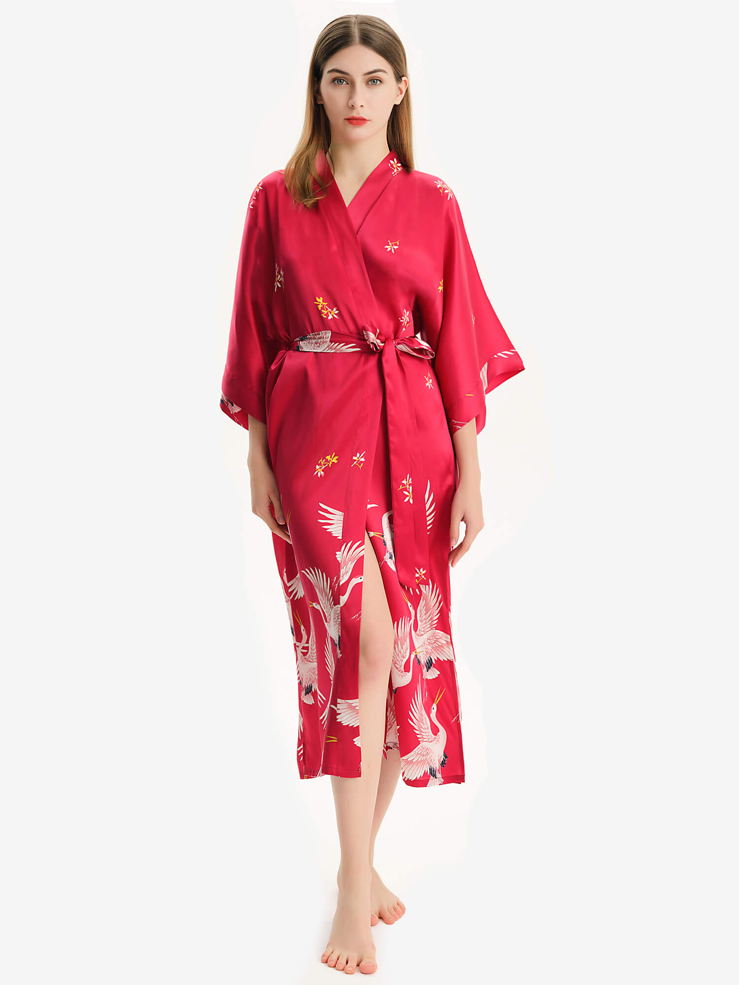 Claret Crane Printed Womens Long Mulberry Silk Kimono Robe