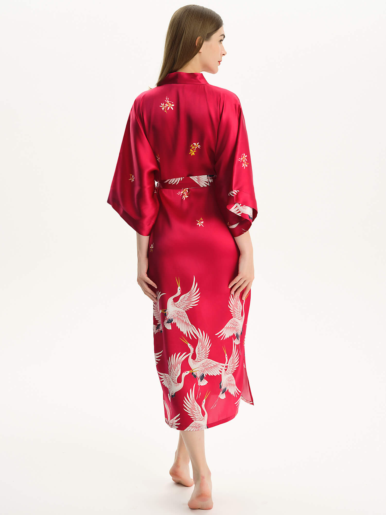 Claret Crane Printed Womens Long Mulberry Silk Kimono Robe