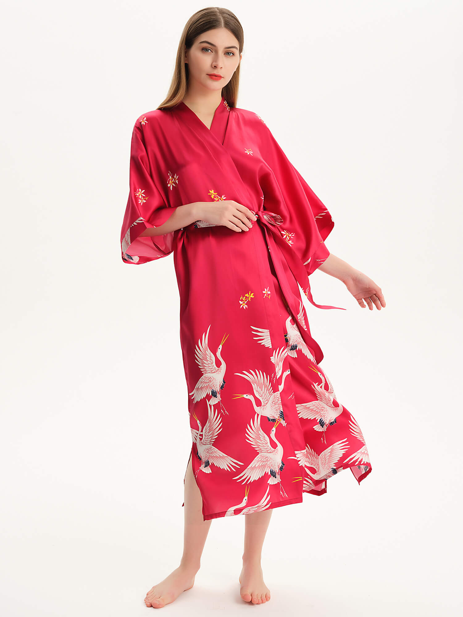 Claret Crane Printed Womens Long Mulberry Silk Kimono Robe