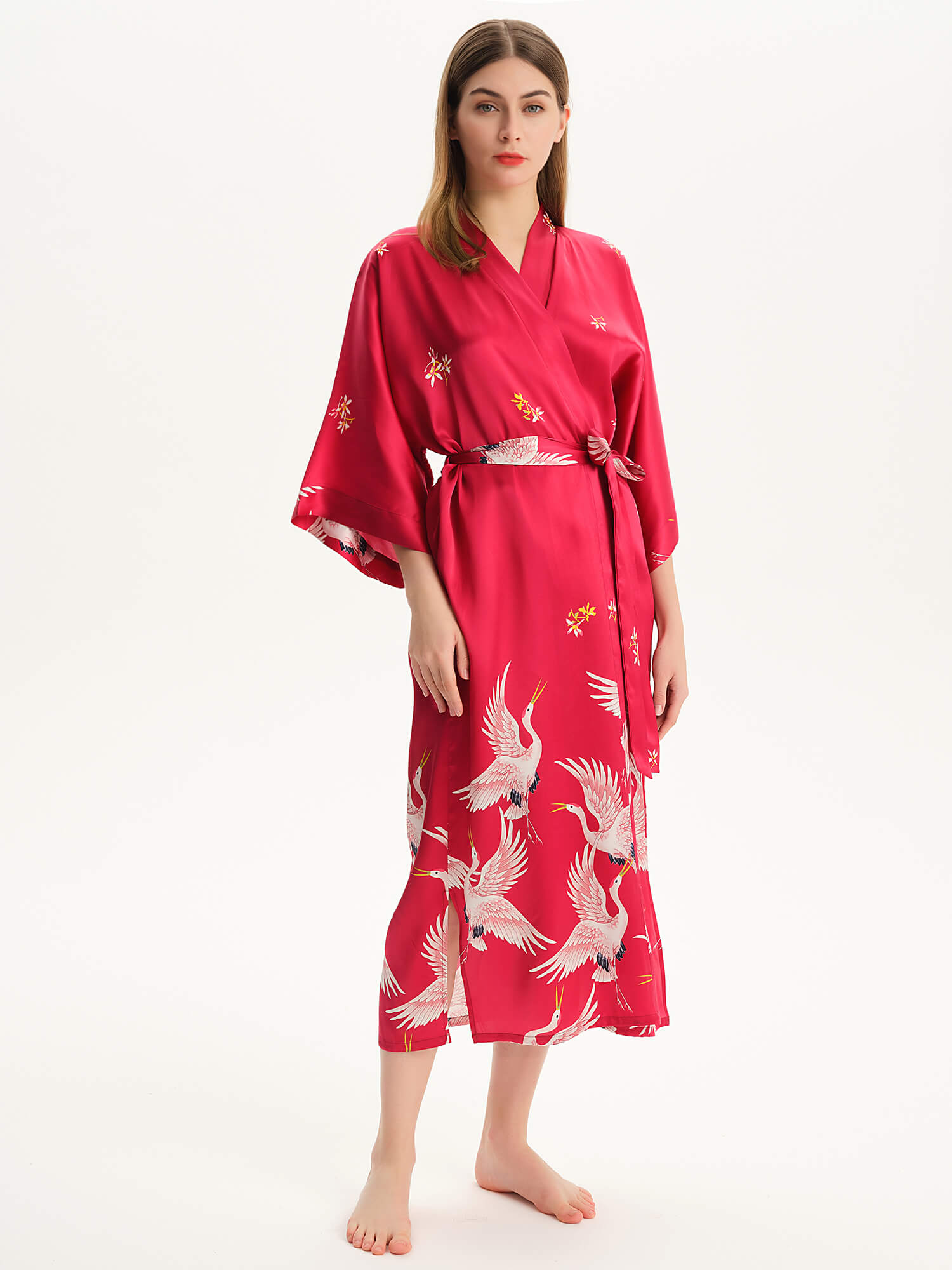 Claret Crane Printed Womens Long Mulberry Silk Kimono Robe