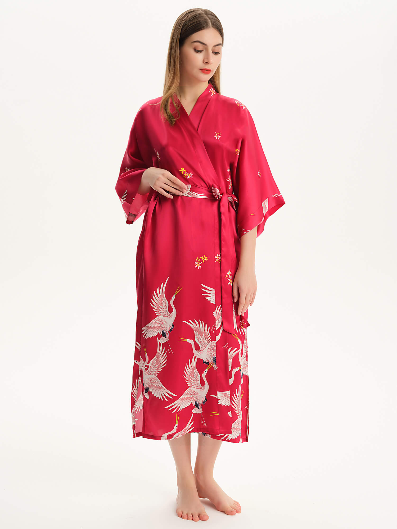 Claret Crane Printed Womens Long Mulberry Silk Kimono Robe