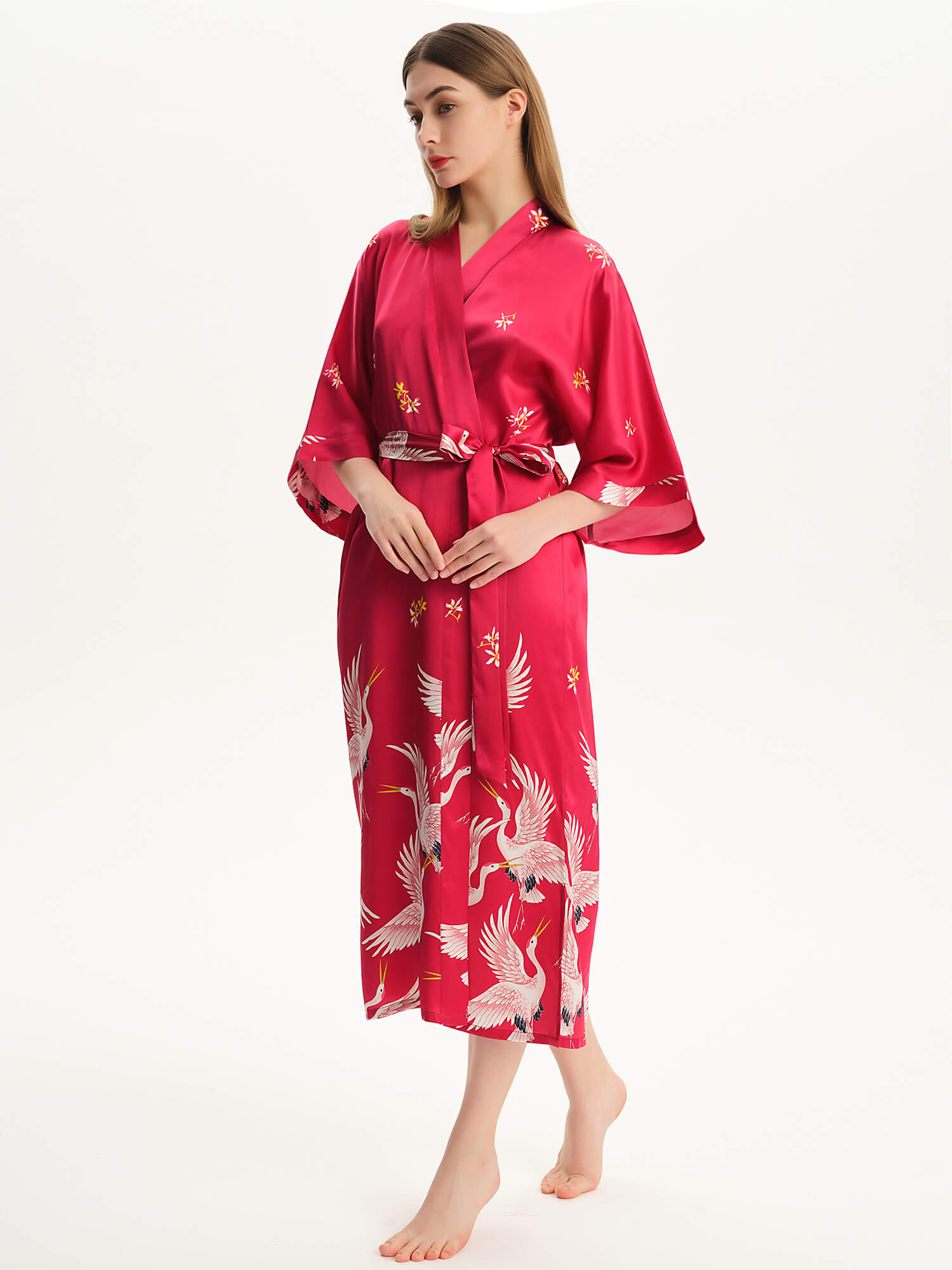Claret Crane Printed Womens Long Mulberry Silk Kimono Robe