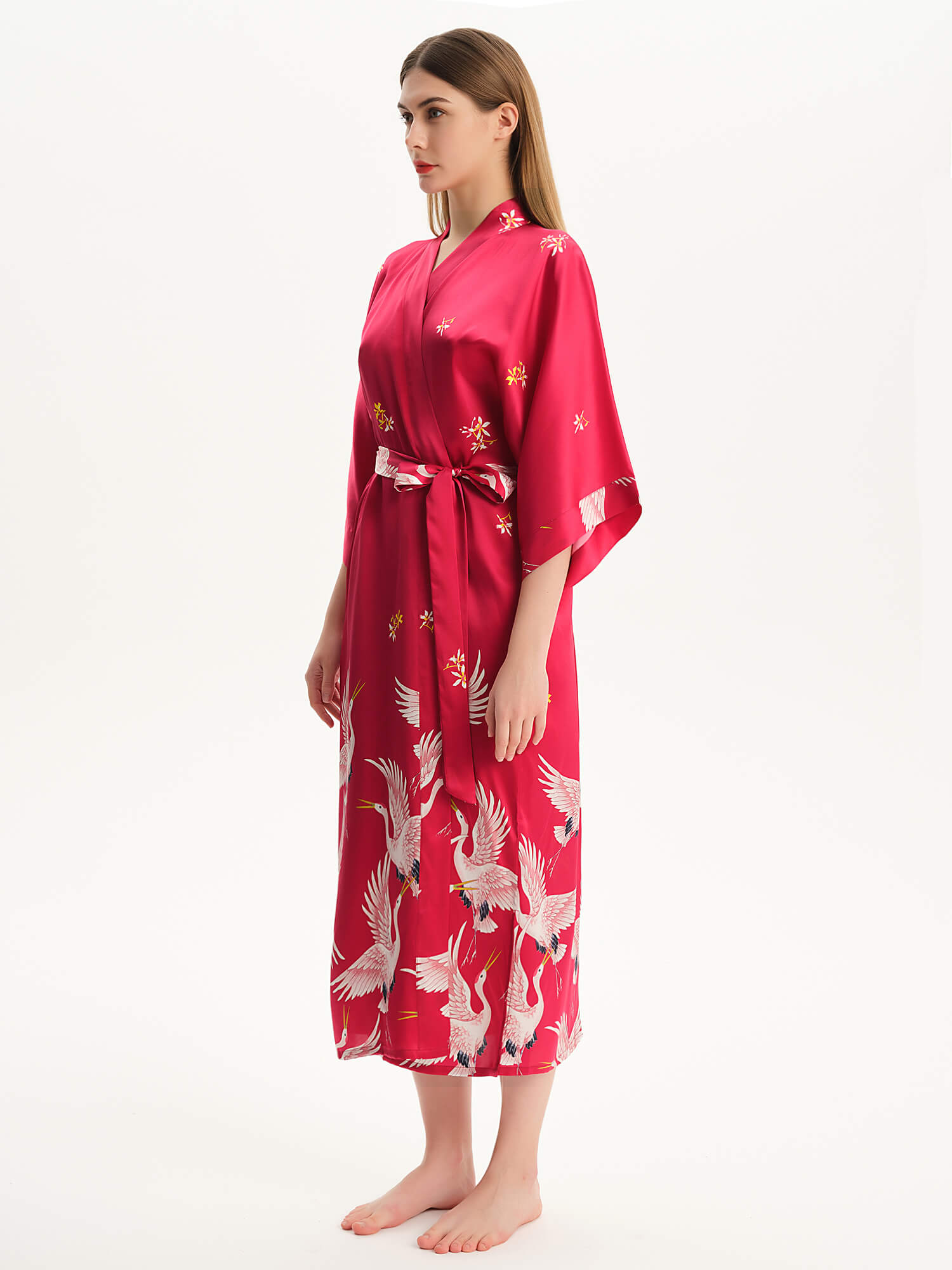 Claret Crane Printed Womens Long Mulberry Silk Kimono Robe