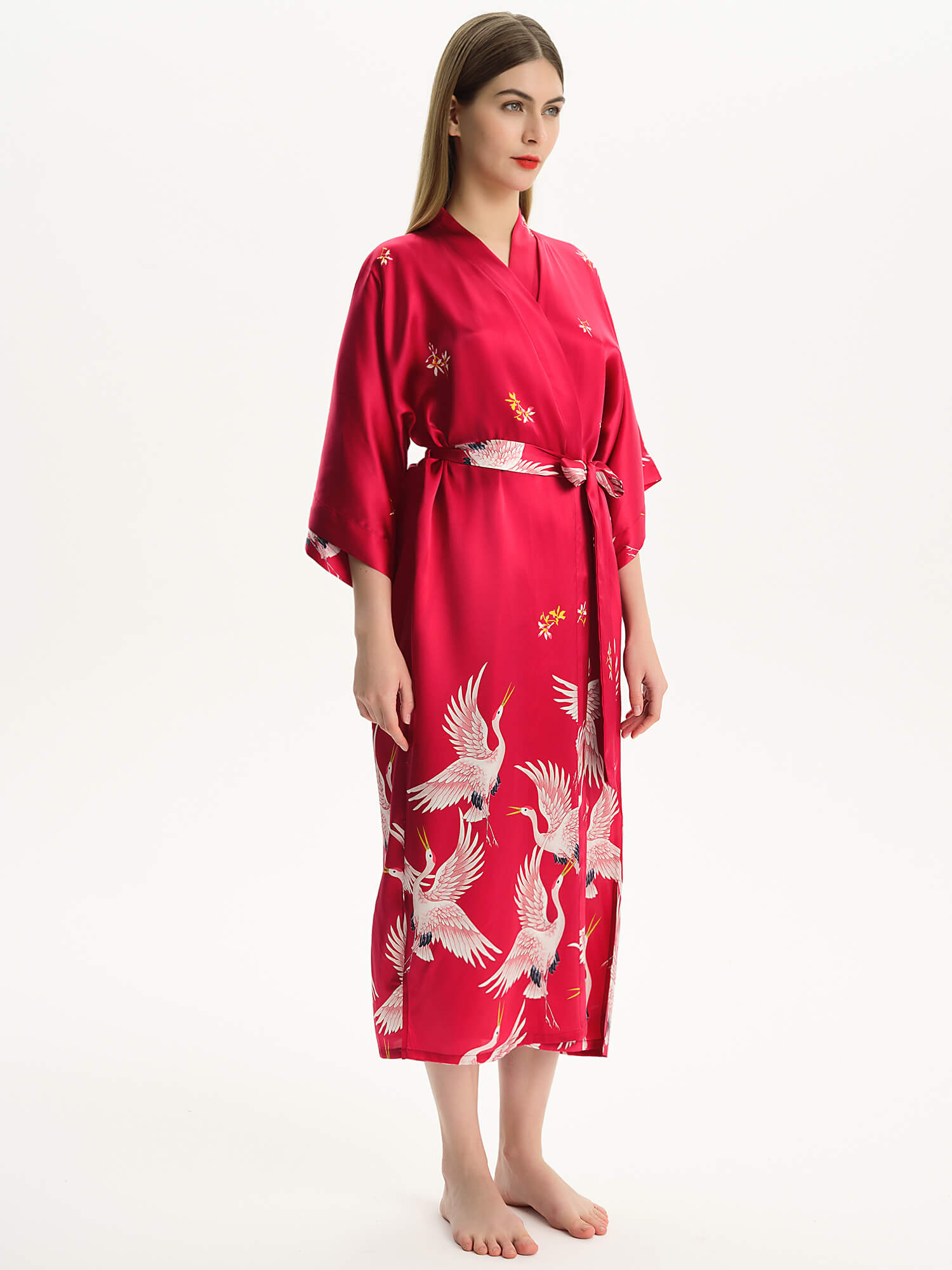 Claret Crane Printed Womens Long Mulberry Silk Kimono Robe