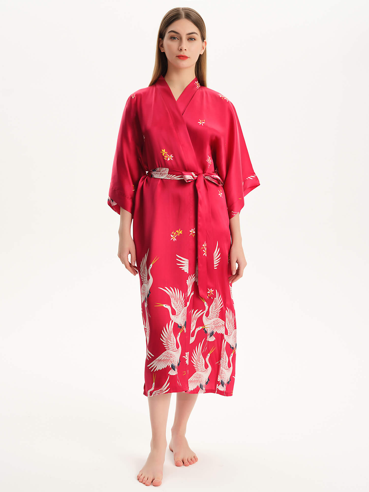 Claret Crane Printed Womens Long Mulberry Silk Kimono Robe