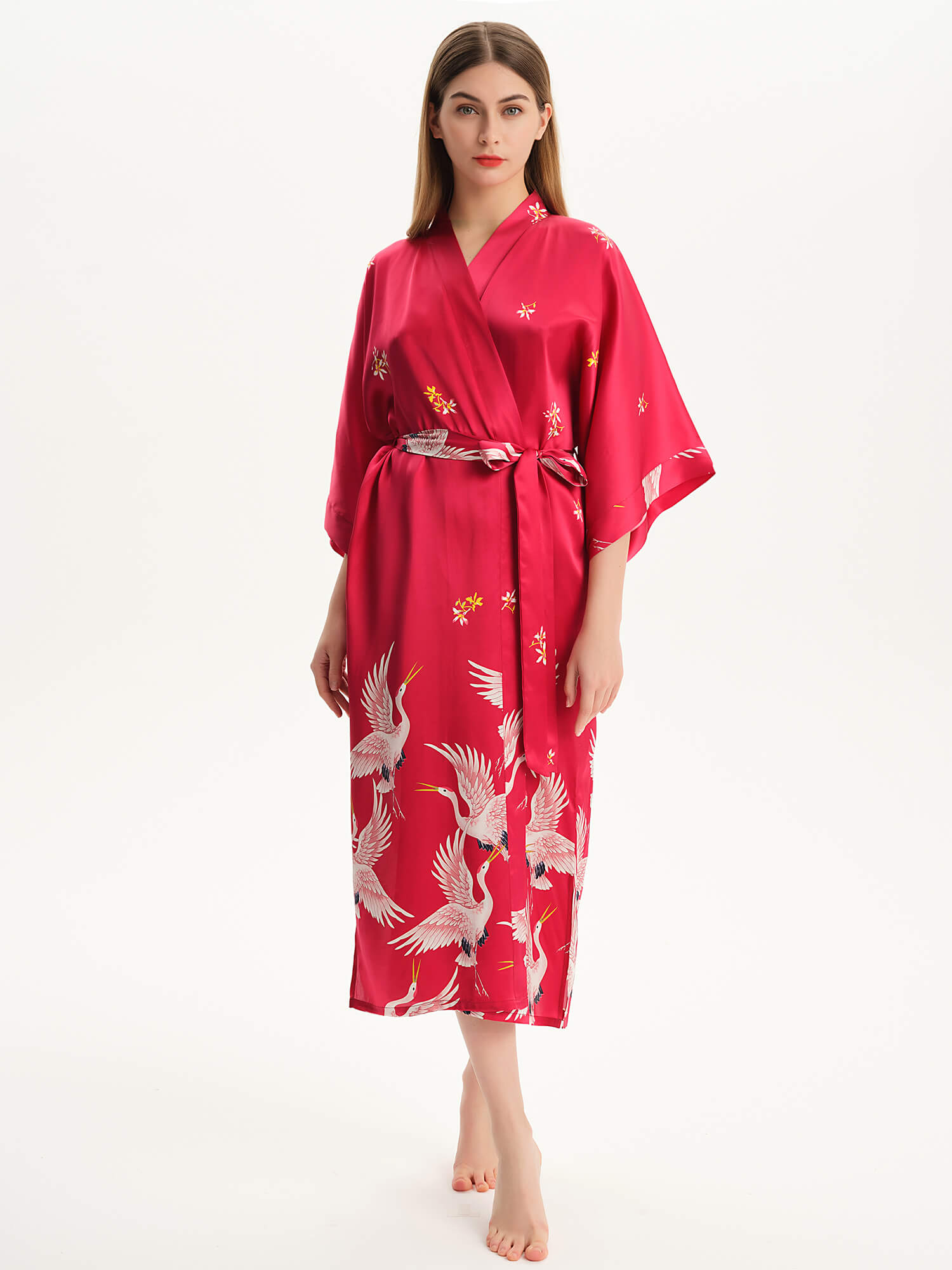 Claret Crane Printed Womens Long Mulberry Silk Kimono Robe