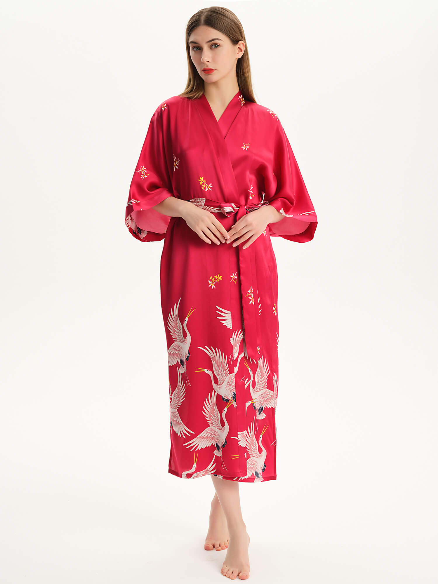 Claret Crane Printed Womens Long Mulberry Silk Kimono Robe