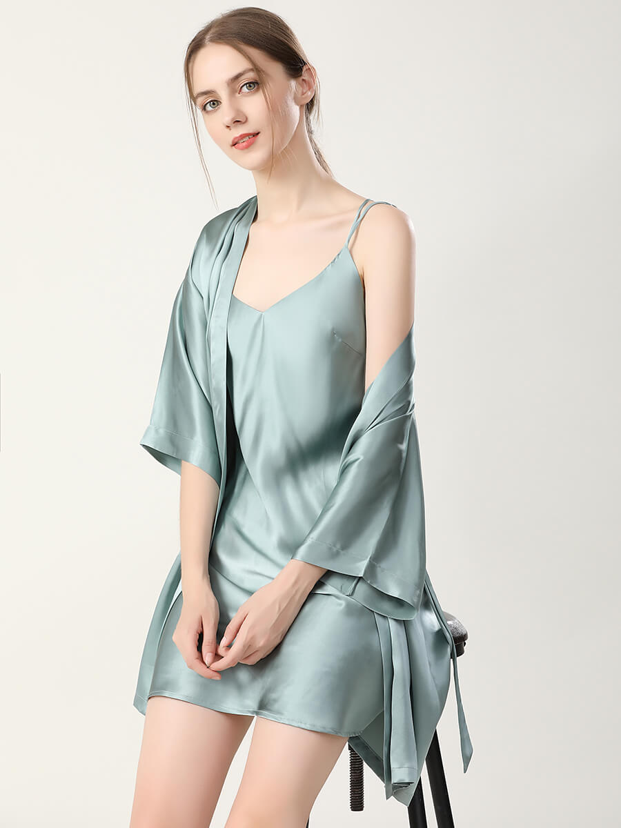 22 Momme Double-Strap Silk Chemise and Short Kimono Robe Set