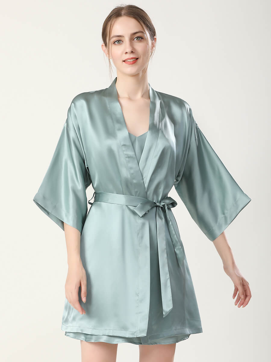 16 Momme Chic Short Silk Chemise Kimono Robe Set