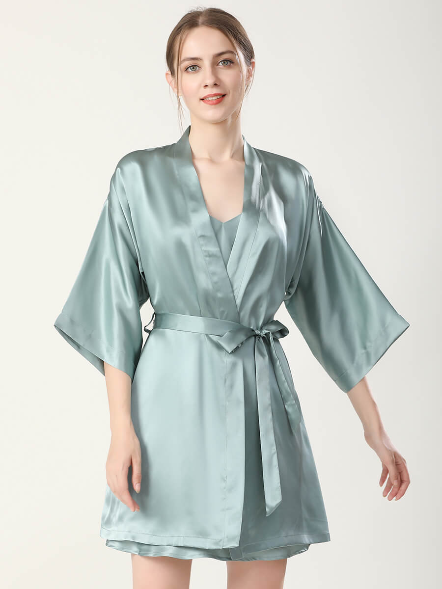 22 Momme Double-Strap Silk Chemise and Short Kimono Robe Set