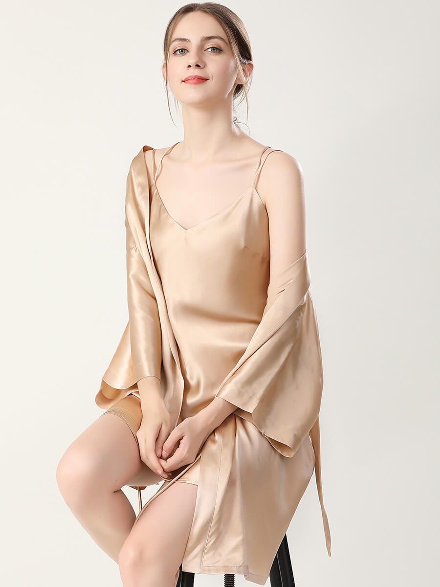 22 Momme Double-Strap Silk Chemise and Short Kimono Robe Set