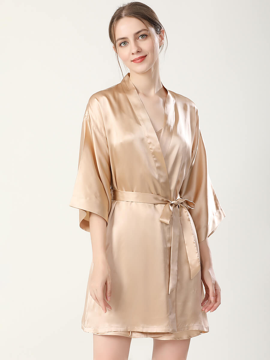 22 Momme Double-Strap Silk Chemise and Short Kimono Robe Set