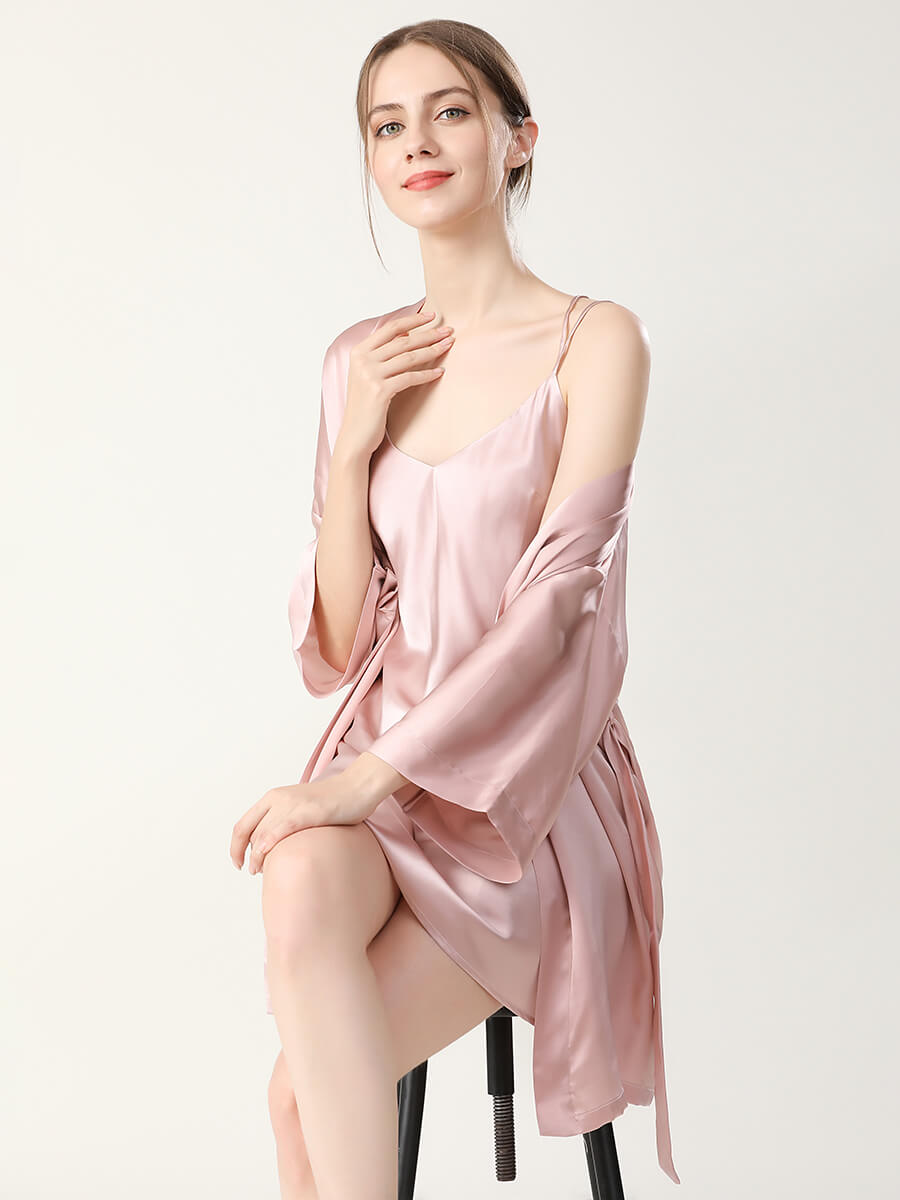 22 Momme Double-Strap Silk Chemise and Short Kimono Robe Set