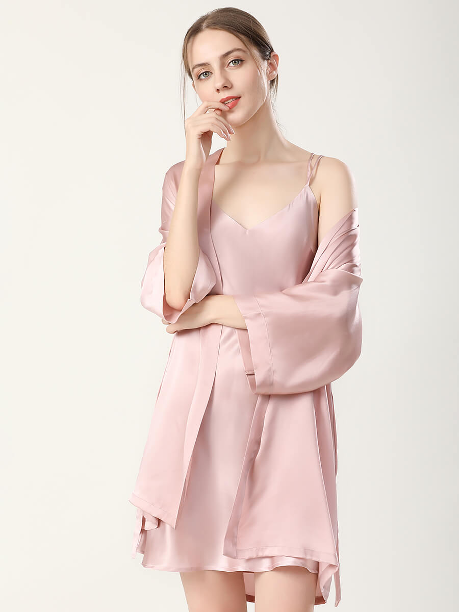 22 Momme Double-Strap Silk Chemise and Short Kimono Robe Set
