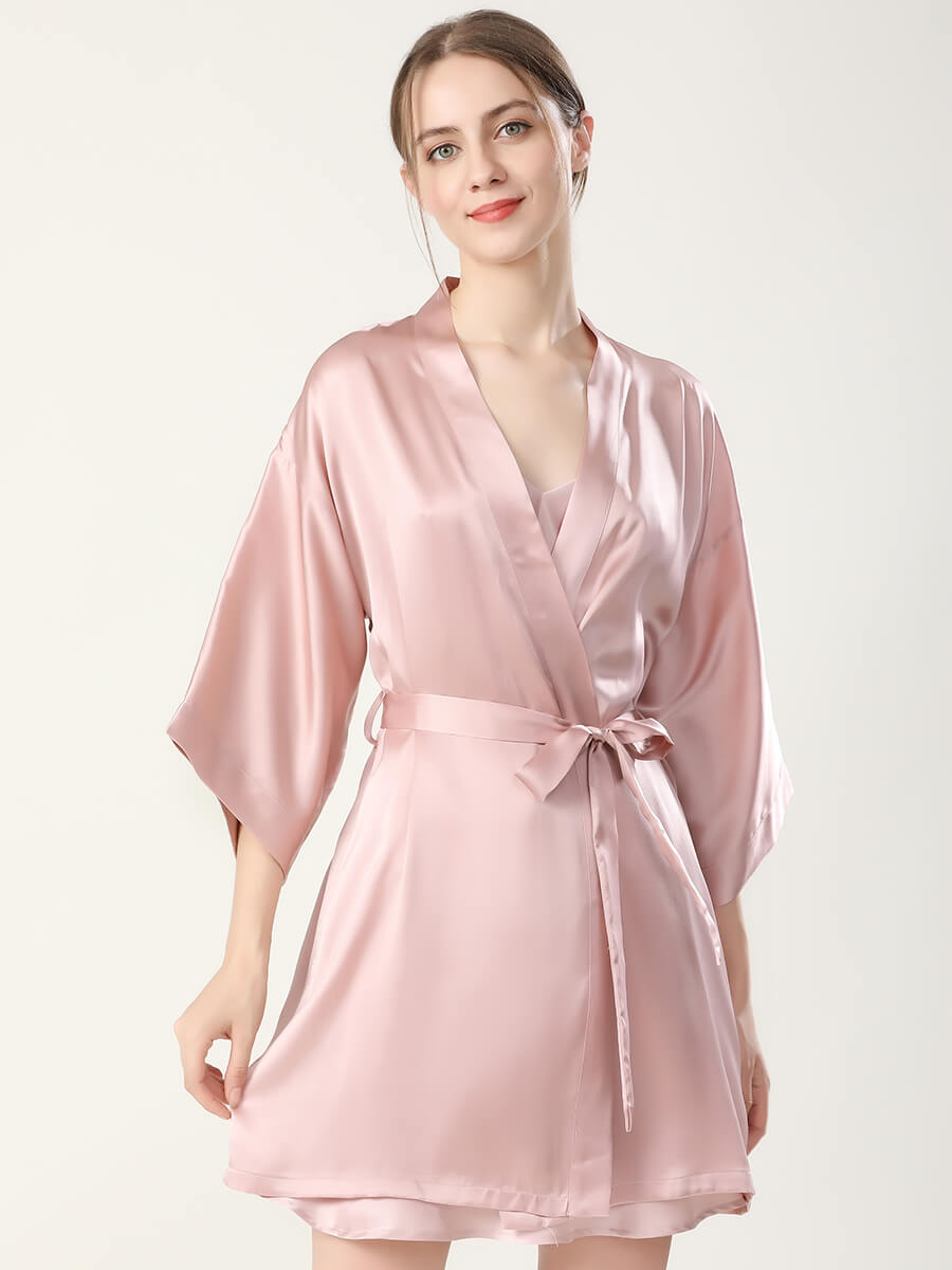 22 Momme Double-Strap Silk Chemise and Short Kimono Robe Set