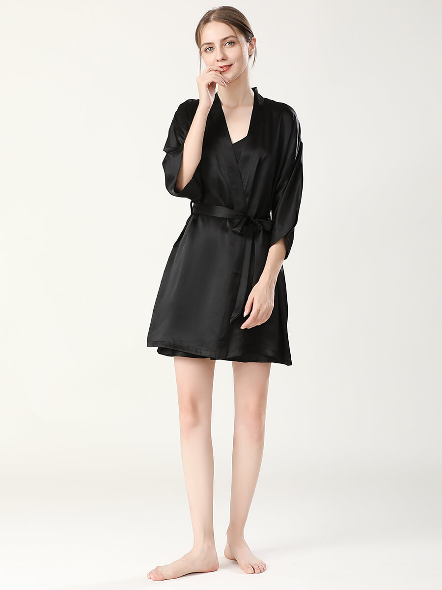 22 Momme Double-Strap Silk Chemise and Short Kimono Robe Set