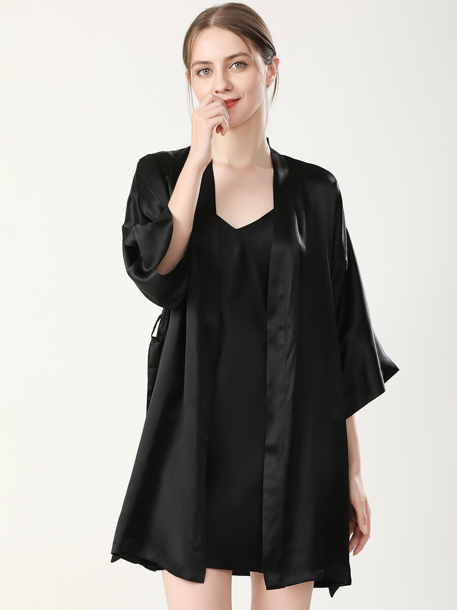 22 Momme Double-Strap Silk Chemise and Short Kimono Robe Set