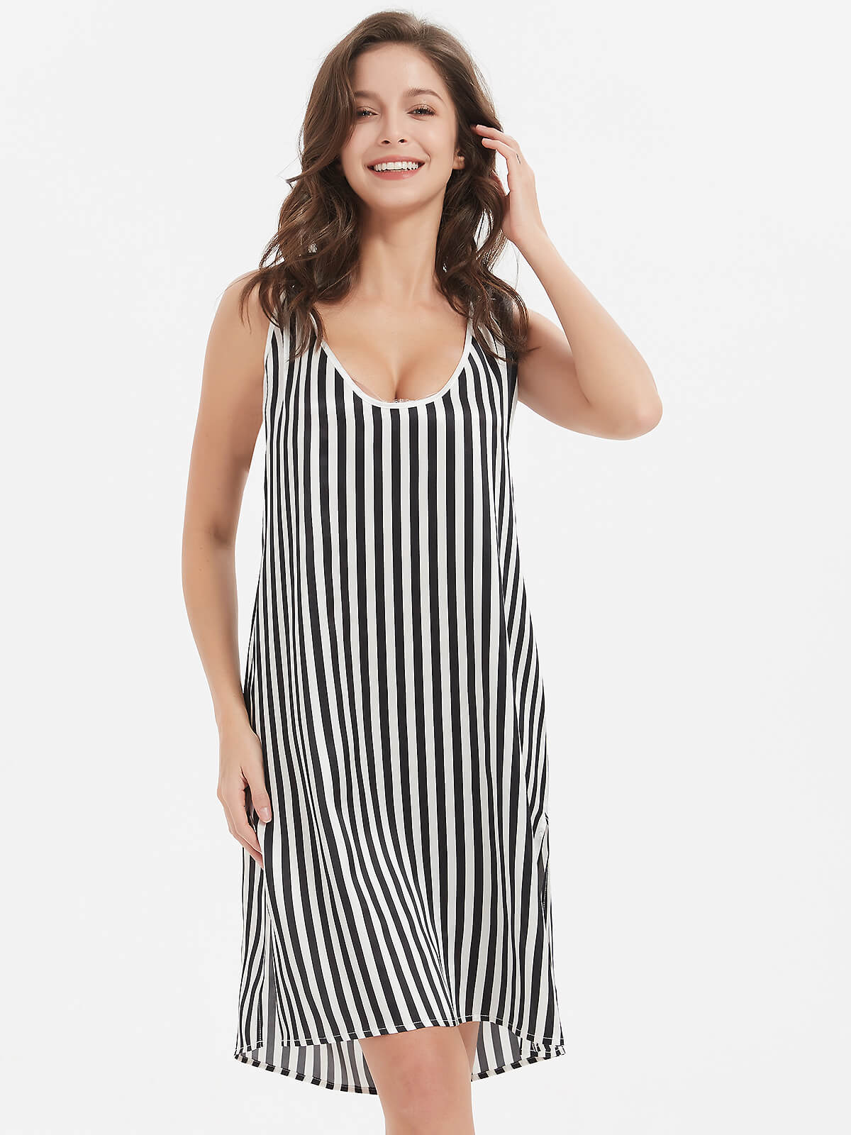 19 Momme Black and White Stripe Silk Chemise Nightgown