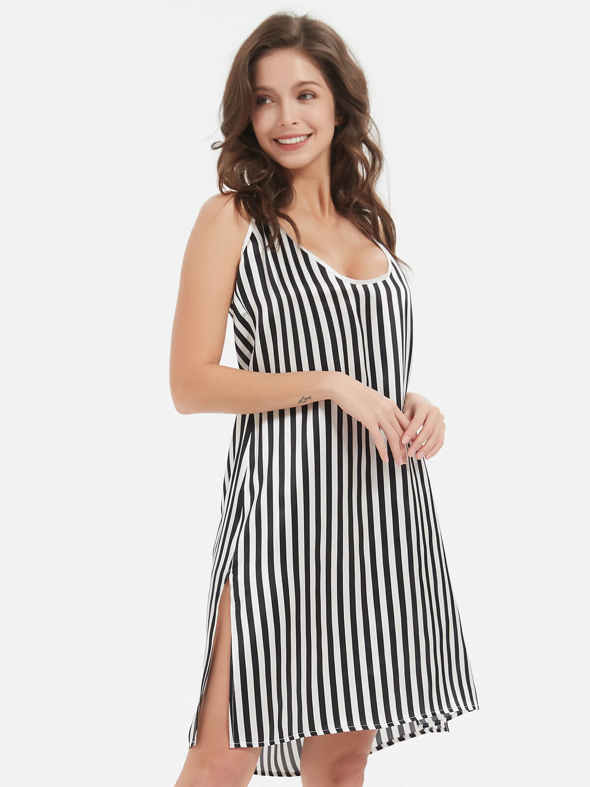 19 Momme Black And White Striped Silk Chemise With Slits