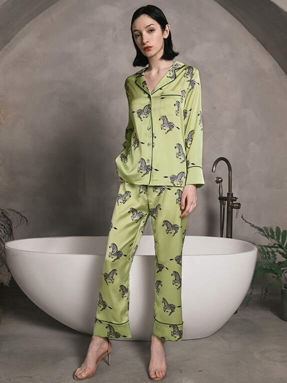 19 Momme Fashion Zebra Printed Lemon Green Silk Pajama Set