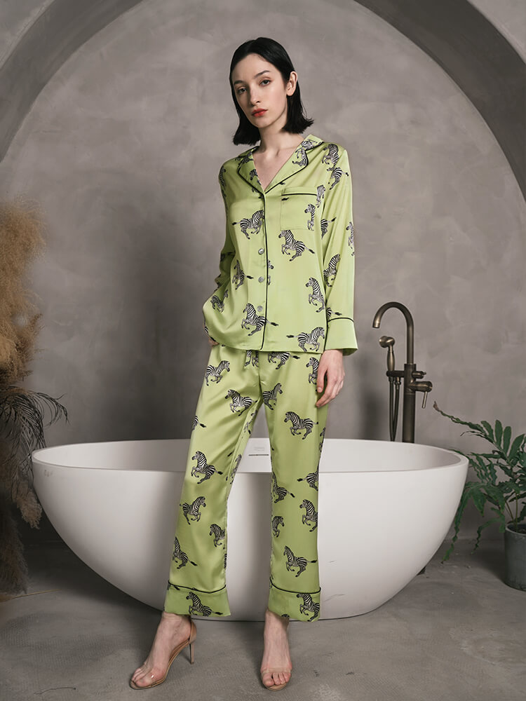 22 Momme Lemon Green Zebra Print Silk Pajama Set for Women