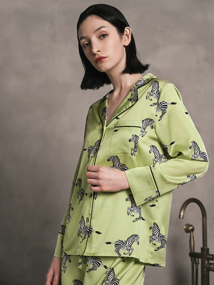 19 Momme Fashion Zebra Printed Lemon Green Silk Pajama Set