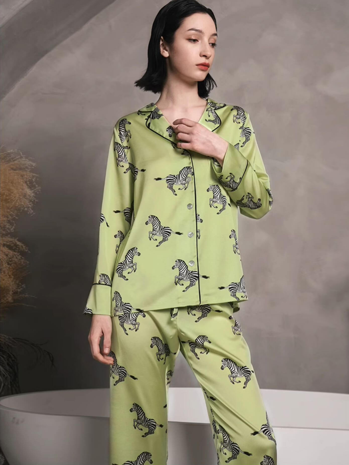 19 Momme Fashion Zebra Printed Lemon Green Silk Pajama Set