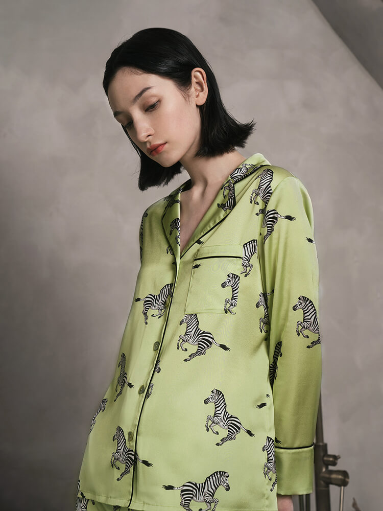 19 Momme Fashion Zebra Printed Lemon Green Silk Pajama Set
