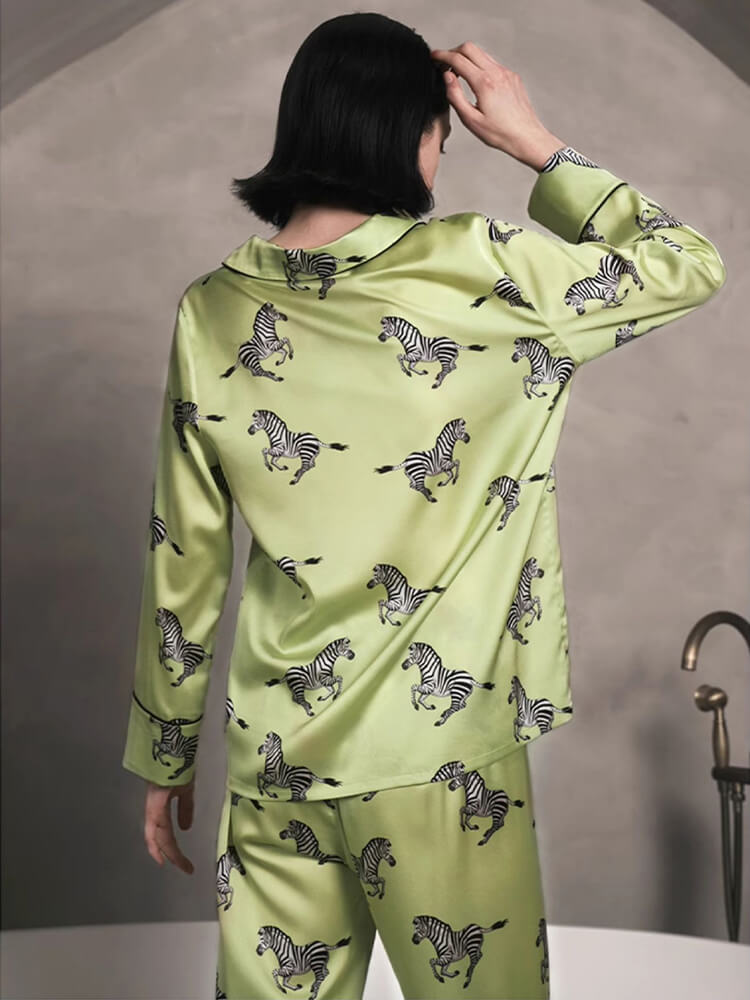 19 Momme Fashion Zebra Printed Lemon Green Silk Pajama Set