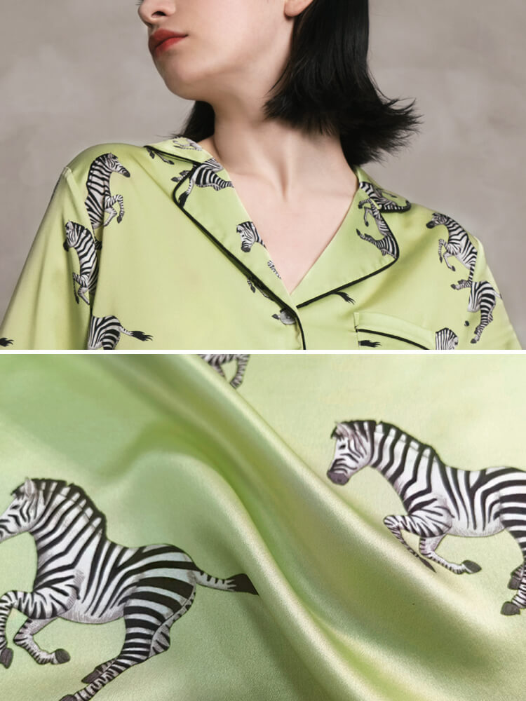 19 Momme Fashion Zebra Printed Lemon Green Silk Pajama Set