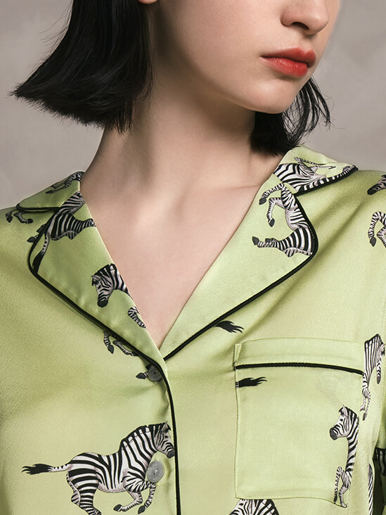 22 Momme Lemon Green Zebra Print Silk Pajama Set for Women
