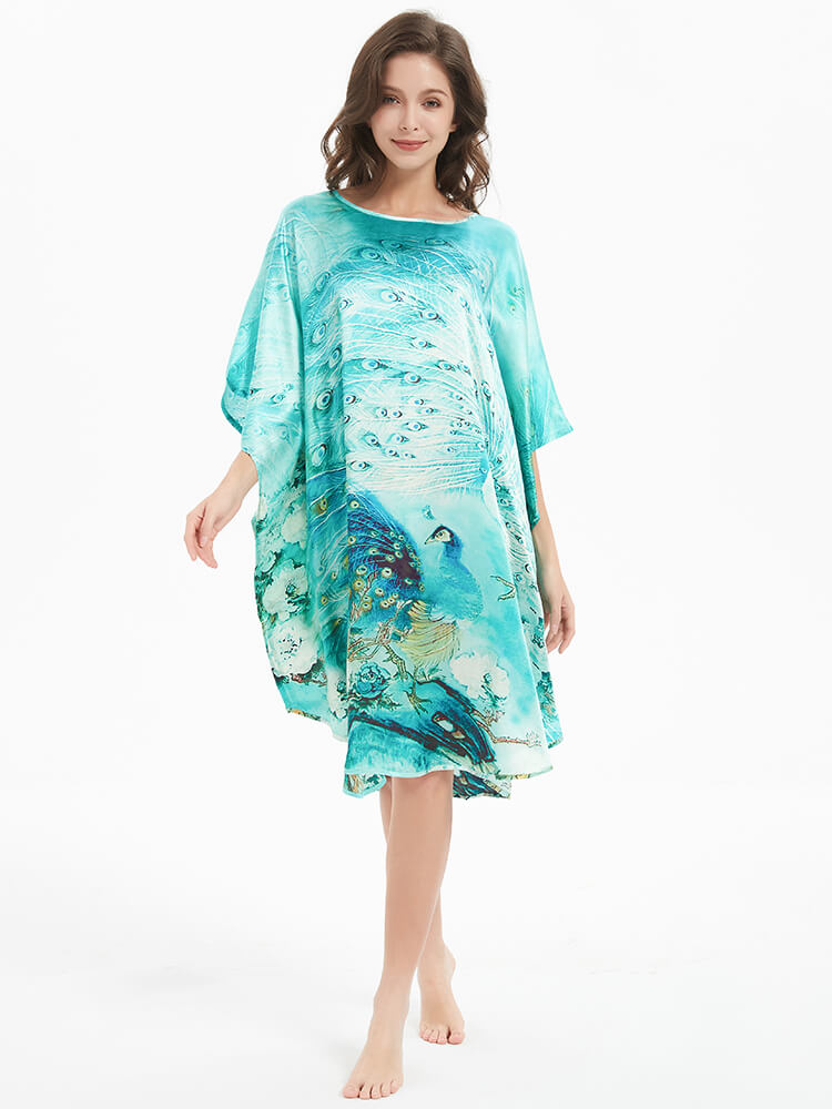 Peacock Floral Print Mulberry Silk Oversized Caftan Nightgown