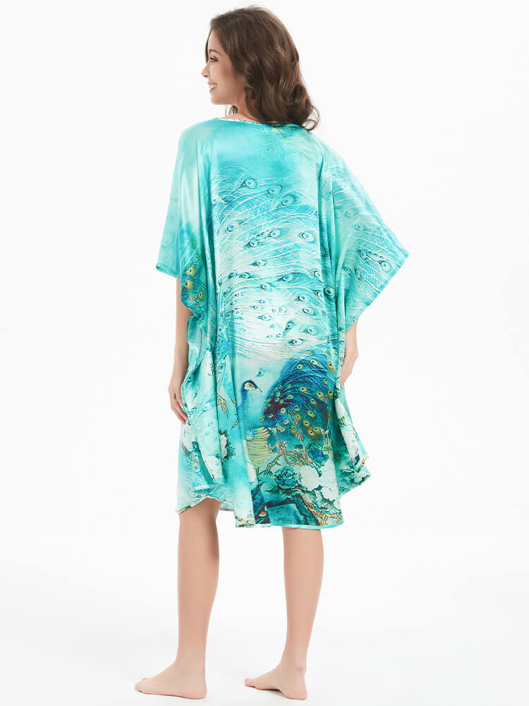 Peacock Floral Print Mulberry Silk Oversized Caftan Nightgown