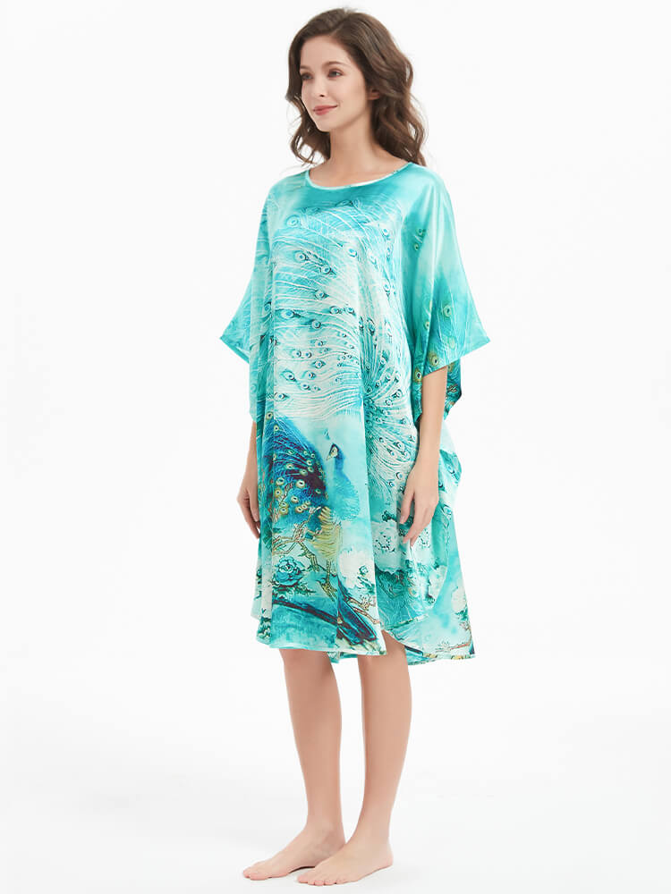 Peacock Floral Print Mulberry Silk Oversized Caftan Nightgown