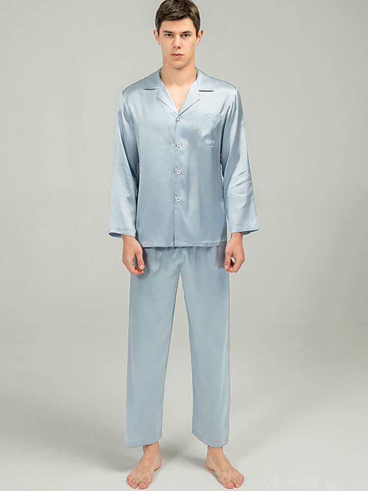Silver Blue Long Silk Pj Sets Matching Silk Pajamas for Couples