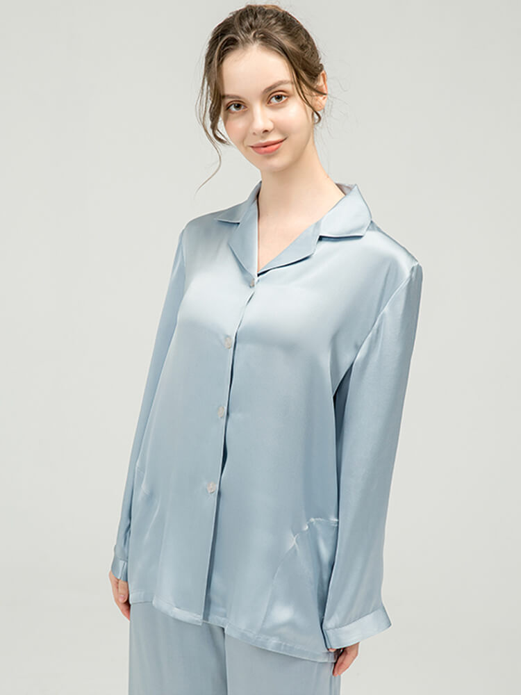 Silver Blue Long Silk Pj Sets Matching Silk Pajamas for Couples