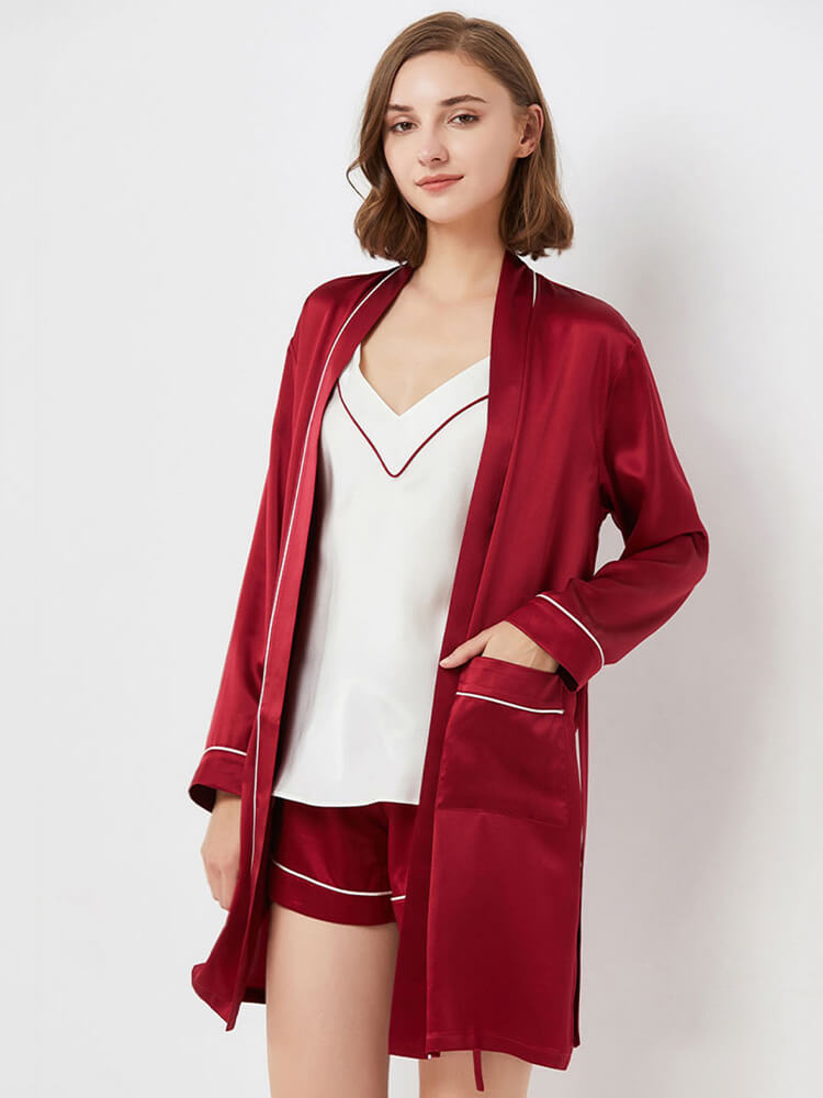19 Momme Contrasting Silk Cami Pajamas Robe Set For Women