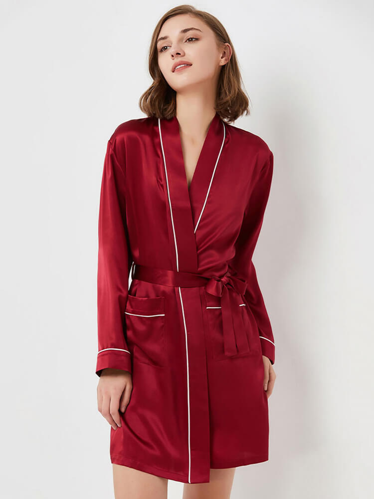 19 Momme Contrasting Silk Cami Pajamas Robe Set For Women