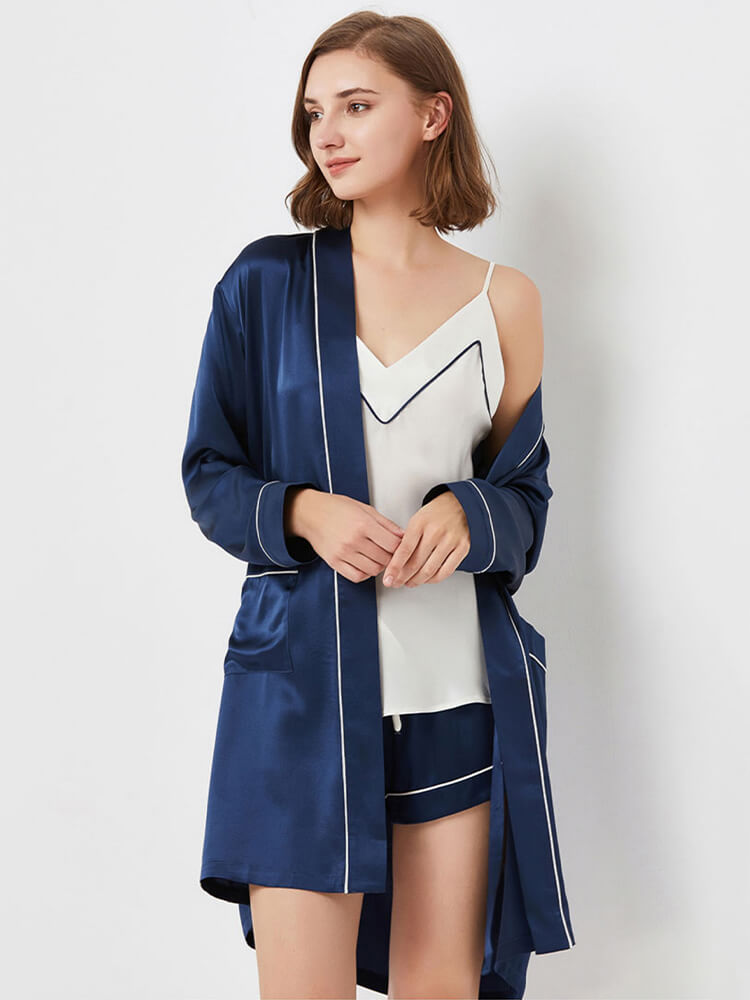 19 Momme Contrasting Silk Cami Pajamas Robe Set For Women