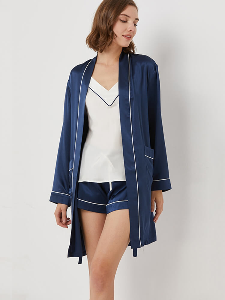 19 Momme Contrasting Silk Cami Pajamas Robe Set For Women